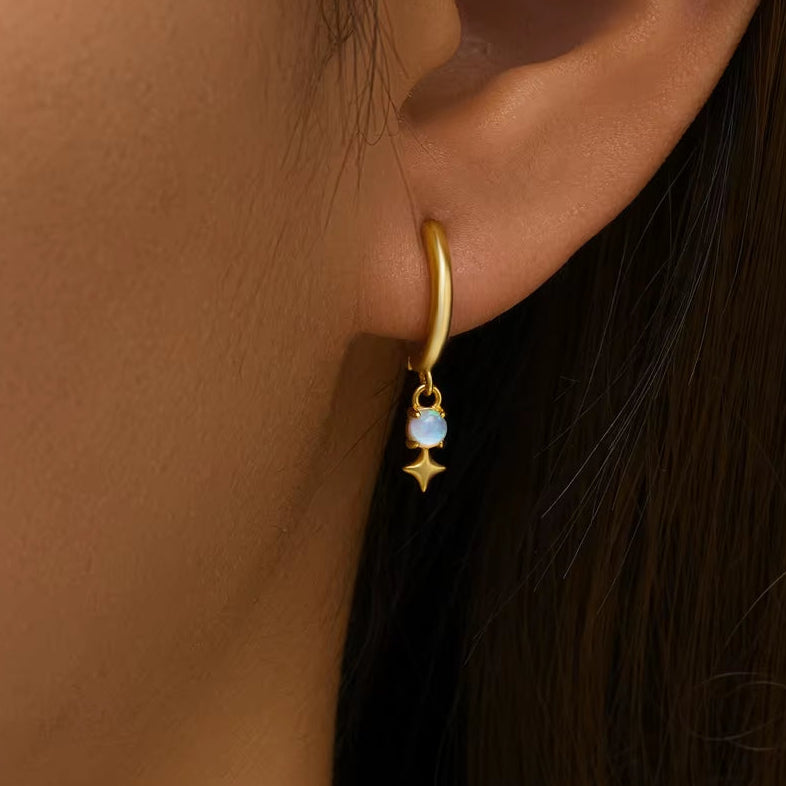 925 Sterling Silver Opal Star Charm Gold Hoop Earrings for Women Elegant Simple Piercing Huggie Bohemian Jewelry Decor Gift