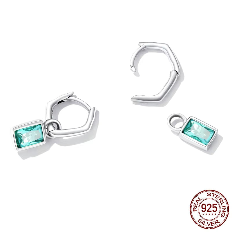 Solid 925 Sterling Silver Long Green Crystal Dangle Drop Earrings European Irregular Hoop Earring for Women Party Jewelry