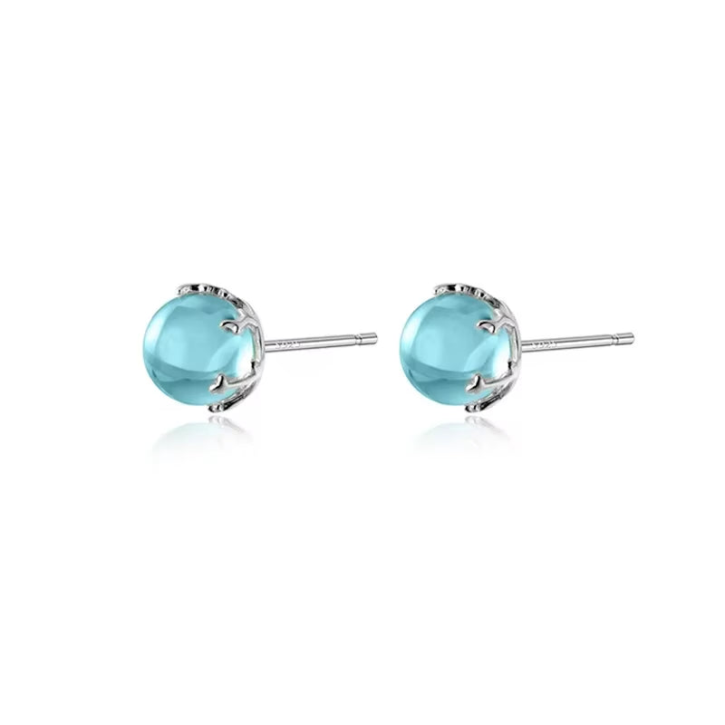 Real 925 Sterling Silver Earring Fashion round Blue Crystal Stud Earrings for Women Wedding Mother'S Day Gift DA2973