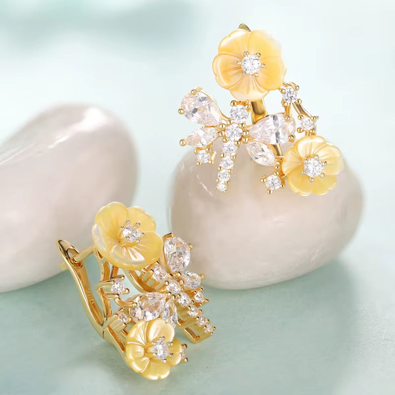 Laya 925 Sterling Silver Summer Hot Style High Quality Zircon Natural Shell Flower Dragonfly Earrings for Women Luxury Jewelry
