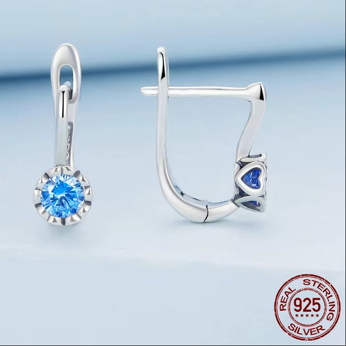 925 Sterling Silver Simple Shiny Blue Zircon Ear Buckles for Women Fine Jewlry Luxury Wedding Gift Stud Earrings BSE686