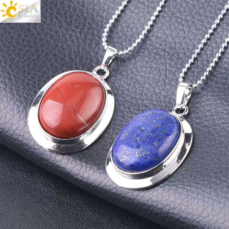 CSJA Oval Natural Gem Stone Pendant Necklaces Reiki Cabochon Crystal Beads Small Pendants for Women Girl Cute Charm Jewelry F564