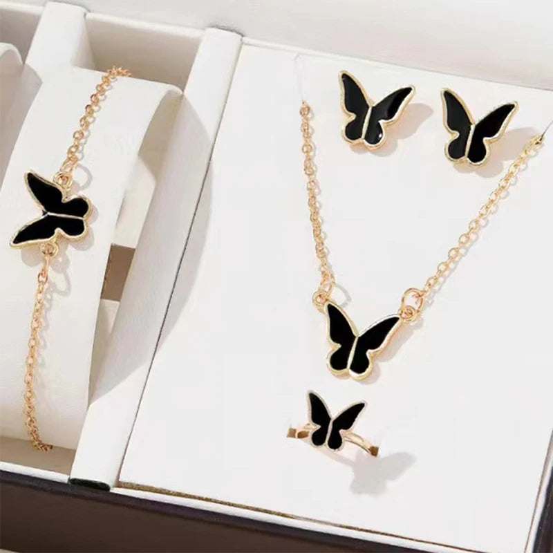 Butterfly pendants necklace set with black and gold alloy bracelet, earrings, and ring for women and girls gift