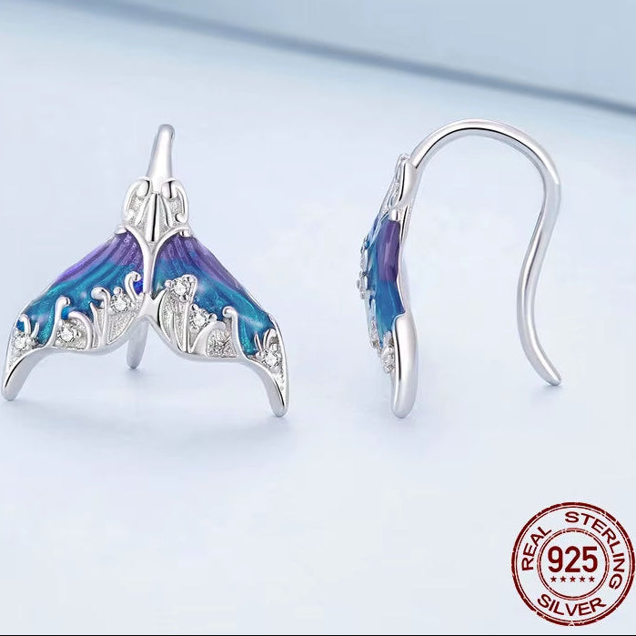925 Sterling Silver Fantasy Mermaid Tail Earrings Blue Enamel Earrings for Women Party Fine Jewelry Gift