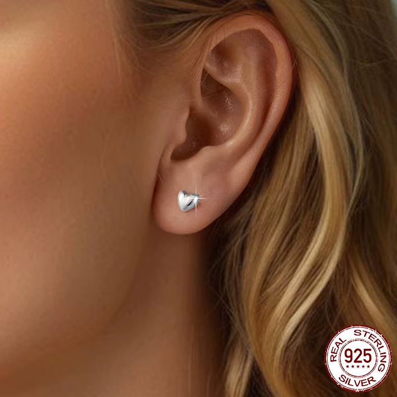 925 Sterling Silver Mini Heart Stud Earrings Platinum Plated Simple Glossy Earrings for Women Sweet Fine Jewelry Gift