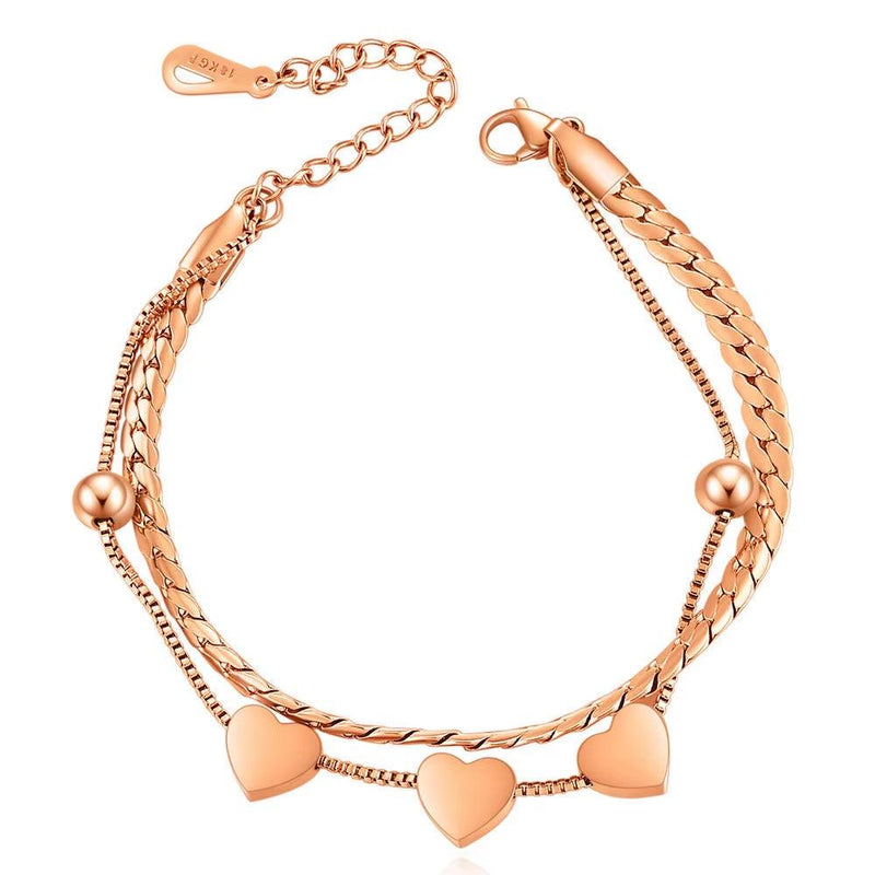 Charming Multiple Heart Double Bracelets&Bangles Three Color Stainless Steel Bracelets Statement Jewelry for Women Girls