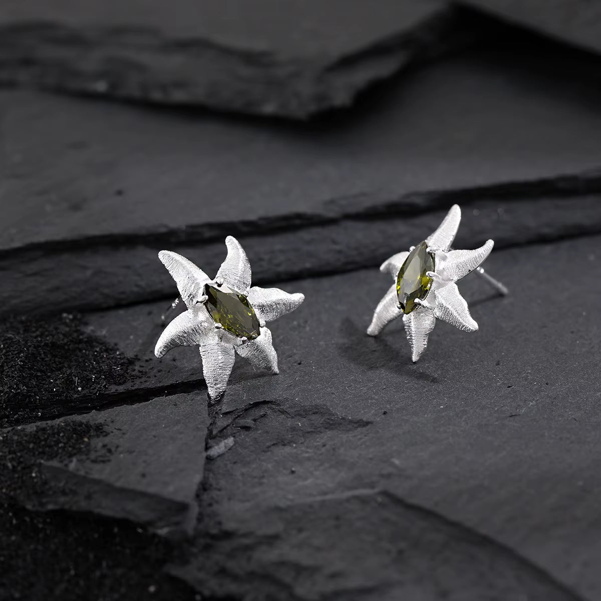 SHANICE S925 Sterling Silver Olivine Inlaid Starfish Earrings for Women, Cool and Elegant Silver Ear Jewelry