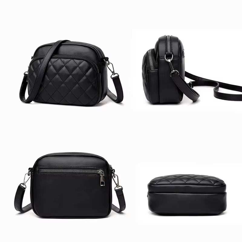 Black diamond lattice women shoulder bag with adjustable crossbody strap and zipper closure, PU leather.