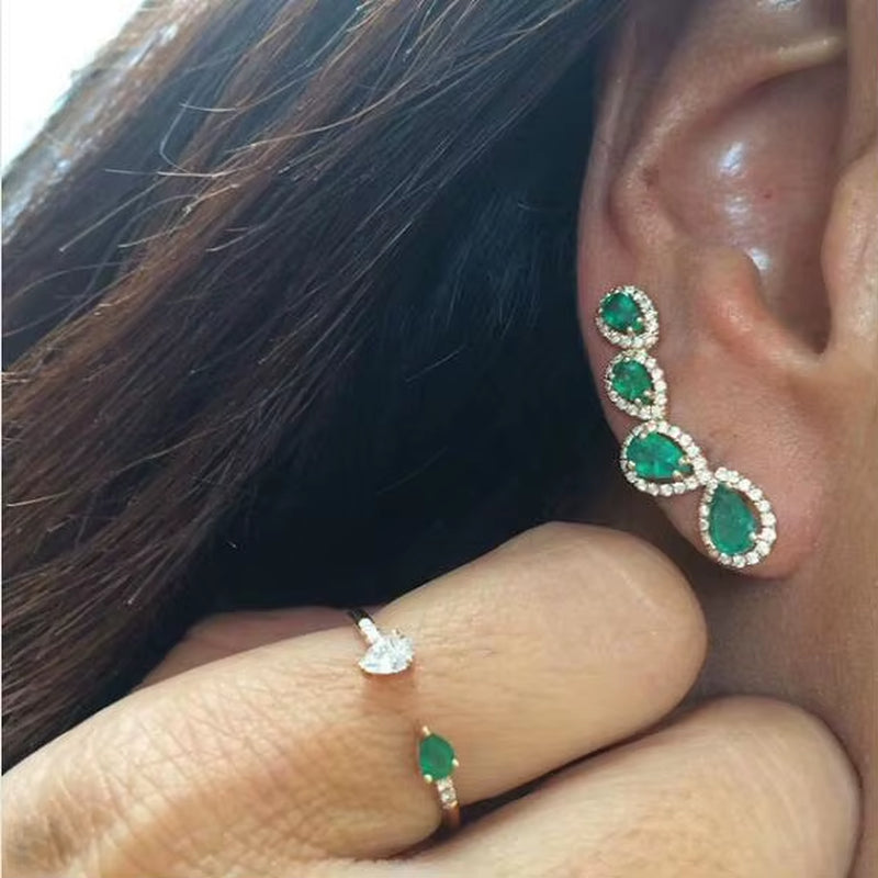 Bling Green Cz Stone Paved Teardrop Cubic Zirconia Long Climber Earrings for Women Romantic Fashion Luxury Women Jewelry