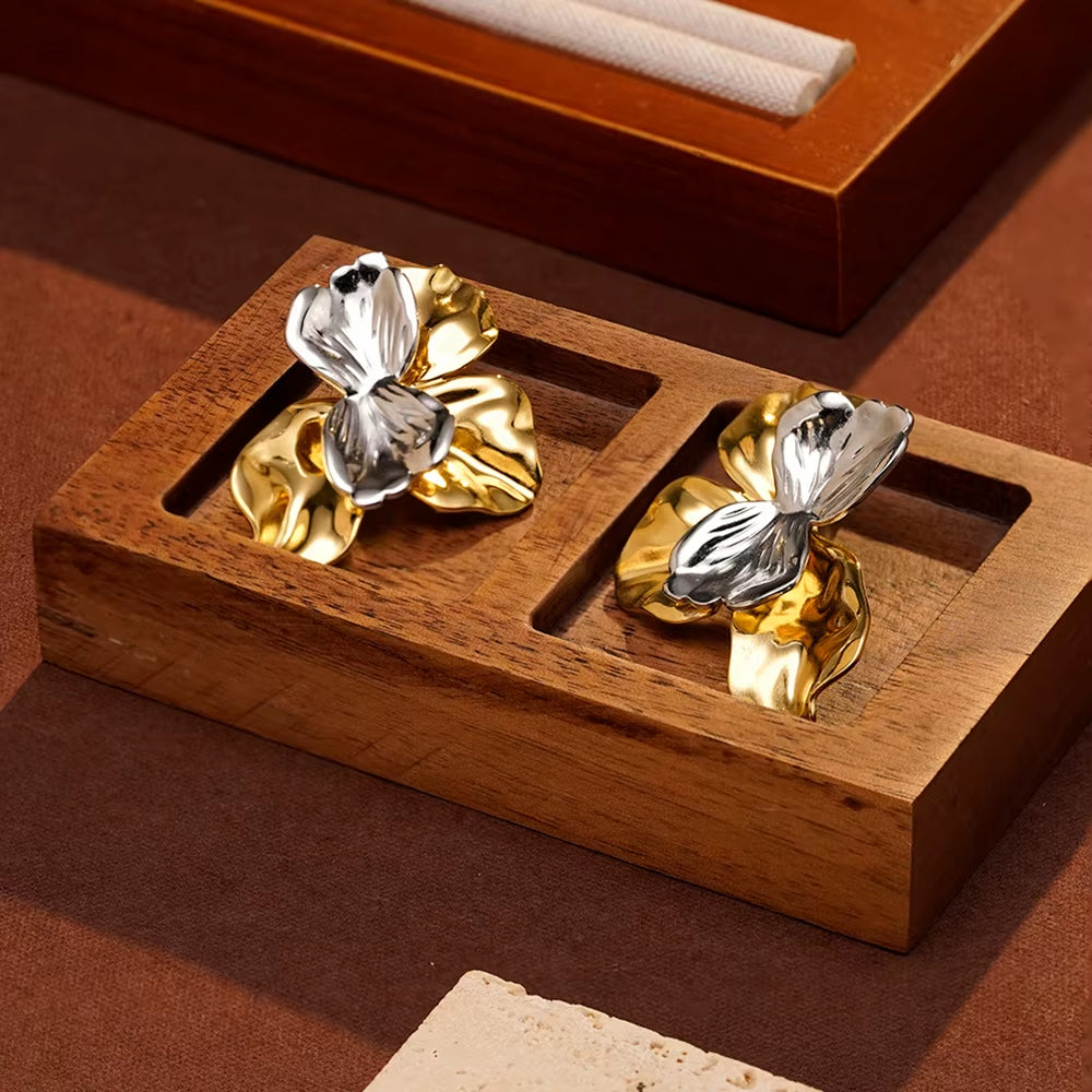 Aretes De Mujer Two Tone Flower Stud Earrings for Women'S Stainless Steel 18K Gold Plated Fashion Dating E251745