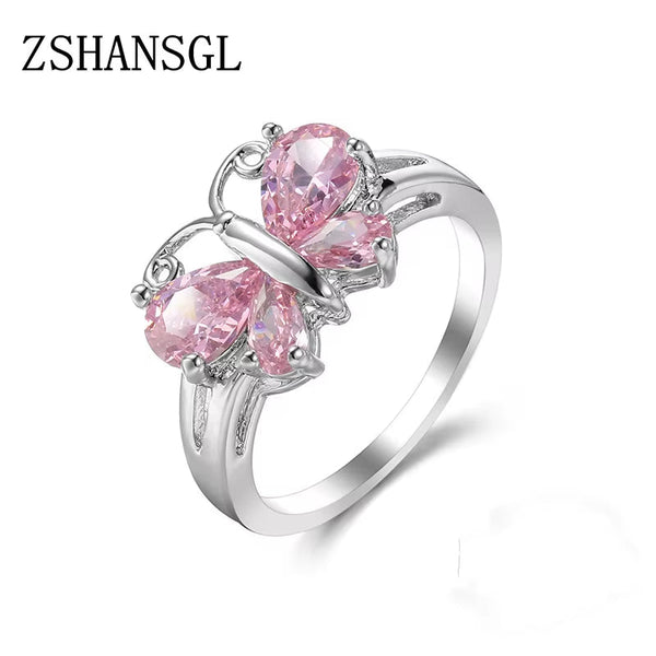 Silver butterfly ring with pink gemstone wings sterling silver jewelry