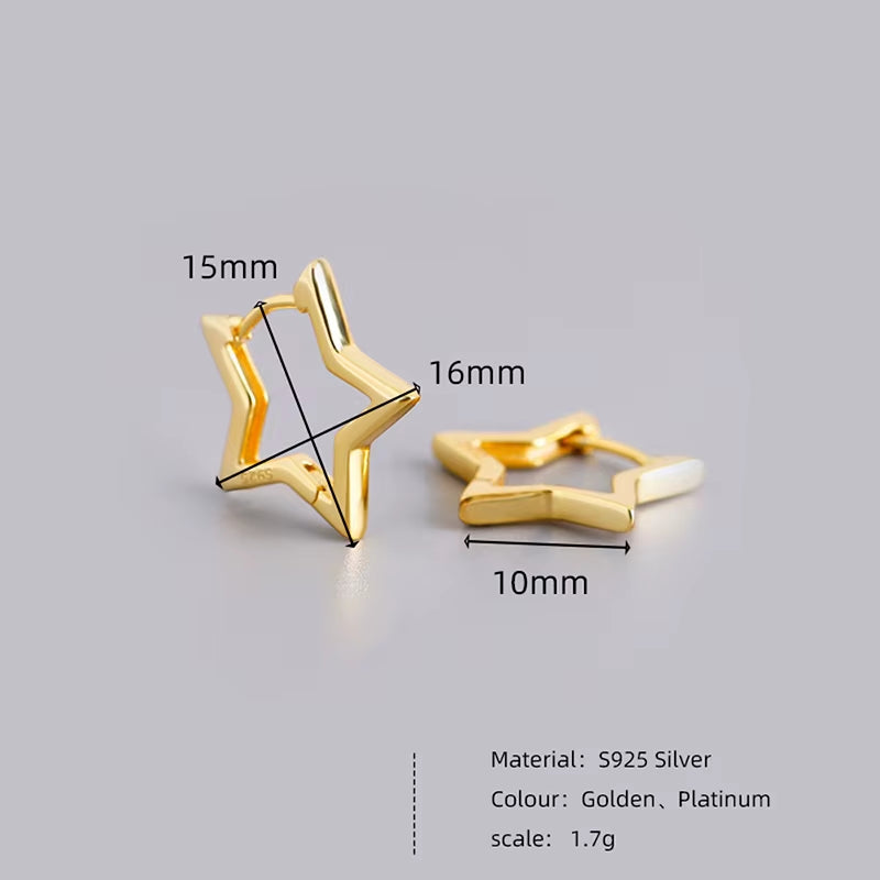 925 Sterling Silver Fashion Statement Gold Stars Huggies Hoop Earrings for Women European Charms Party Jewelry Ear Buckle