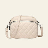 Diamond lattice pattern beige women's shoulder bag with crossbody strap and zipper closure
