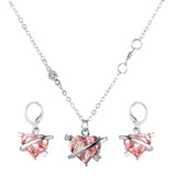 Fashion heart zircon necklace and earrings set with pink heart-shaped stones and silver chain