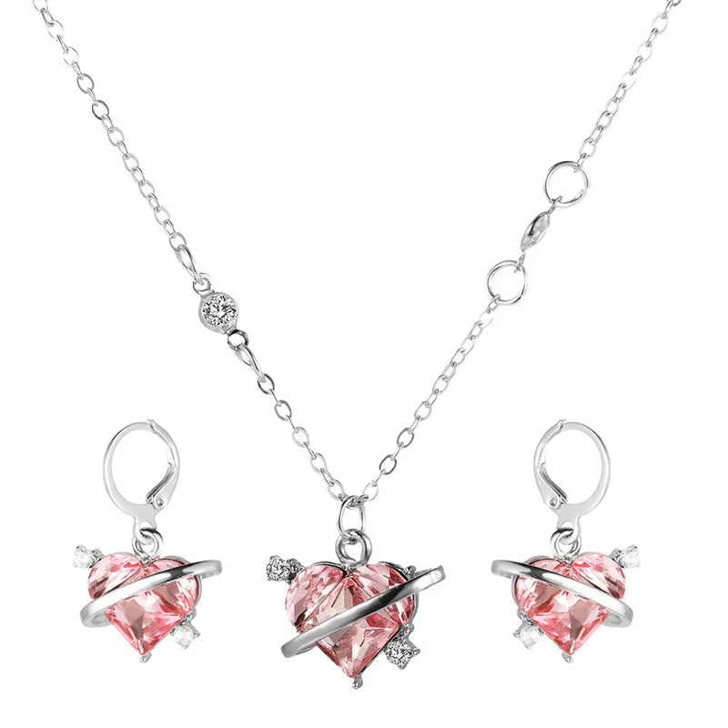 Fashion heart zircon necklace and earrings set with pink heart-shaped stones and silver chain