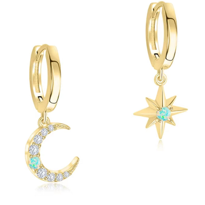Star Moon Pendant Zircon Opal 925 Sterling Silver Gold Color Piercing round Drop Earrings for Women Fine Jewelry Gifts