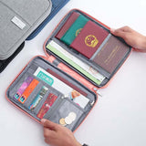 open waterproof passport holder travel wallet with passports, cards, and coins inside, organized Oxford fabric case