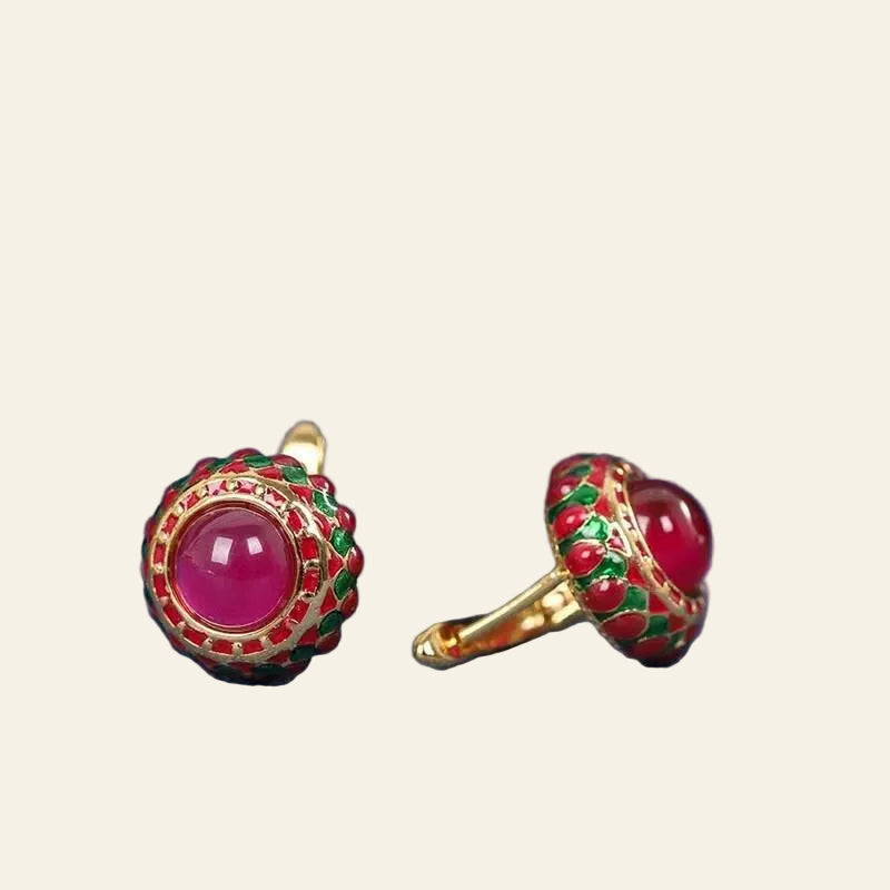 S925 Silver Cloisonne Red Corundum round Earrings for Women Colorful Enamel 18K Gold Luxury Chic Earring Clearance