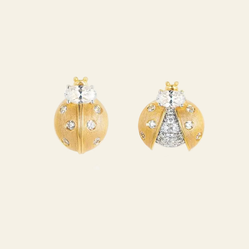925 Silver 18K Gold Brushed Cubic Zirconia Insect Ladybug AB Asymmetric Stud Earrings Women Cute Dainty Trendy Small Earring