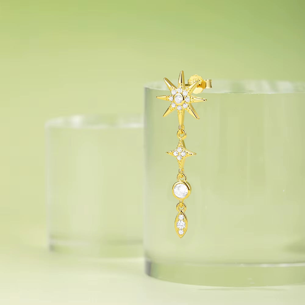 Single 1PC Drop Earrings for Women 925 Sterling Silver Starburst North-Star Zircon Light Luxury Earring for Girl Fine Jewel