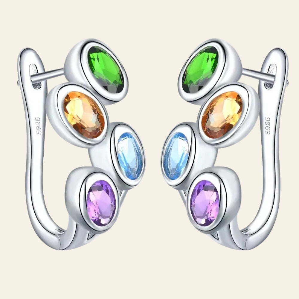 Hutang Colorful Gemstone Hoop Earrings 925 Sterling Silver Blue Zircon Topaz English Lock Jewelry for Women Earrings