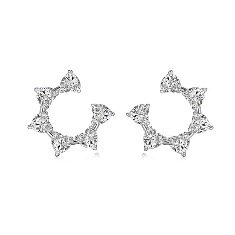 S925 Sterling Silver White Heart-Shaped Gang Drill Inlaid SUNFLOWER Ring Fashion Design Earrings