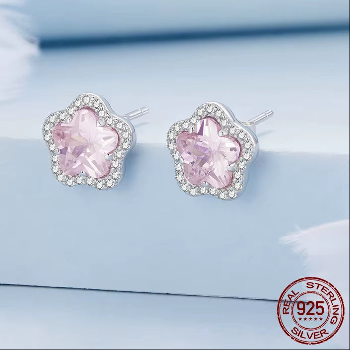 925 Sterling Silver Cute Small Flower Stud Earrings Pink Cherry Blossoms Earrings for Women Birthday Jewelry Gift