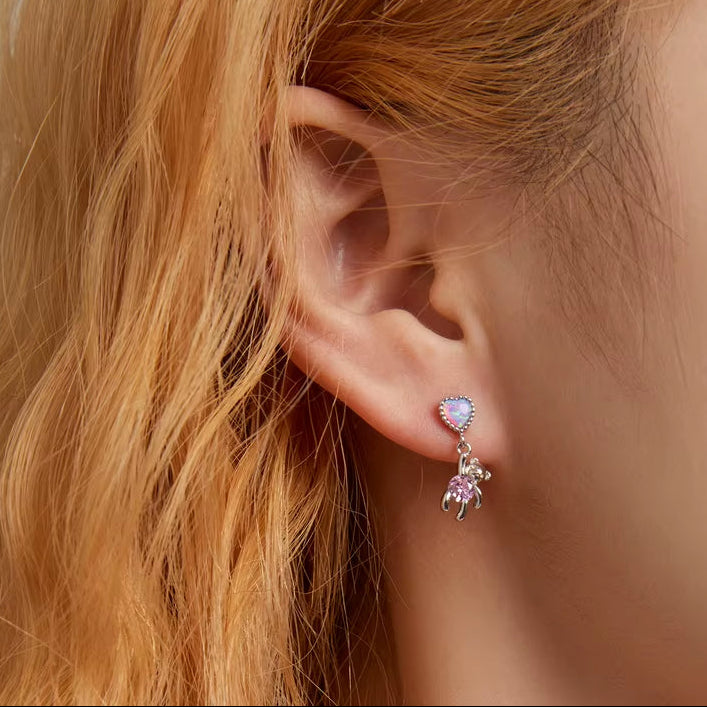 925 Sterling Silver Love Bear Stud Earrings for Women Cute Pink Pendant Drop Earrings for Girl Shining Heart Fine Jewelry