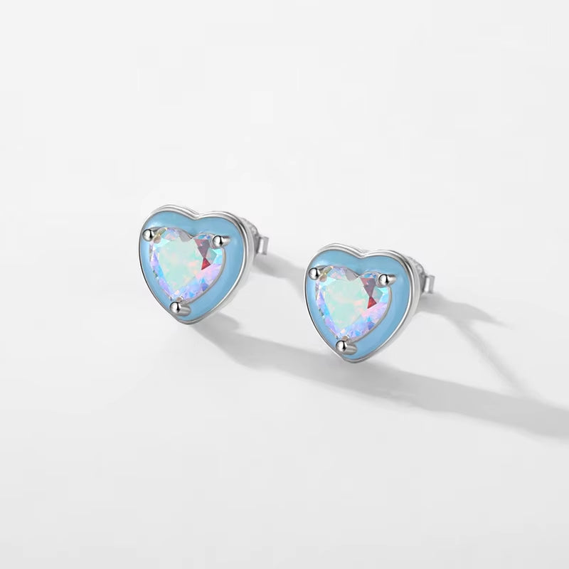 925 Sterling Silver Romantic Blue Enamel Hearts Ear Studs Rainbow Color Zirconia Stud Earrings for Women Wedding Jewelry