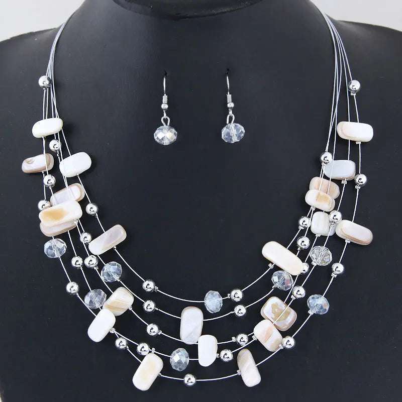 Women Bohemian African beads multilayer necklace and crystal earrings jewelry set