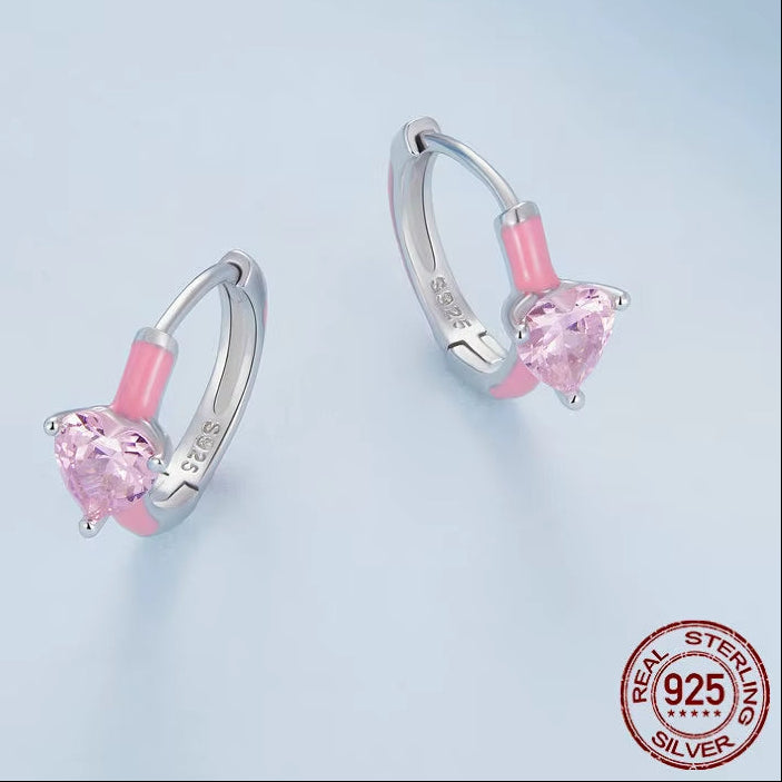 Real 925 Sterling Silver Pink Heart Zircon Hoop Earrings Lovely Cindy Color Oil Printed Ear Clips Earring Girl Party Gift