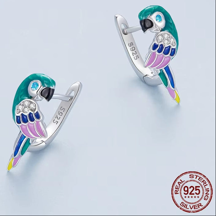 925 Sterling Silver Clolorful Enamel Parrot Ear Buckles Bird Hoop Earrings for Women Platinum Plated Fine Jewelry