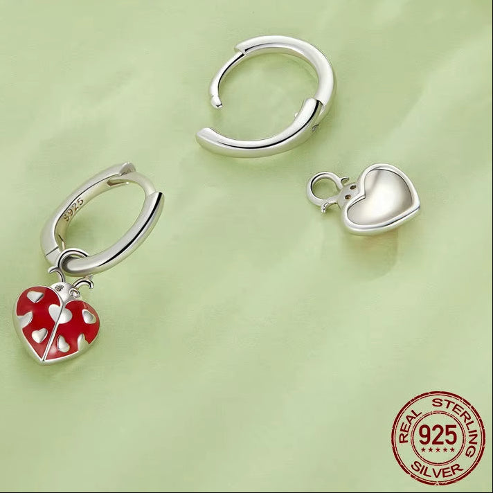 Real Sterling Silver Ladybird Drop Dangle Earrings for Women Red Oil Enamel Insects Ear Hoop Earring Party Jewelry Gift