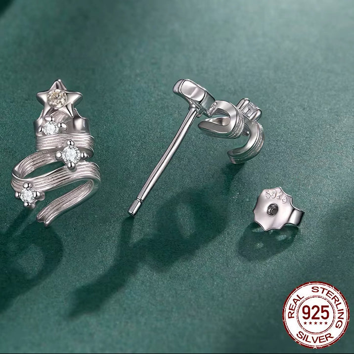 Solid 925 Silver Christmas Tree Star Stud Earrings for Women, AAA Cubic Zirconia Bar Studs Luxury New Year Jewelry Gift