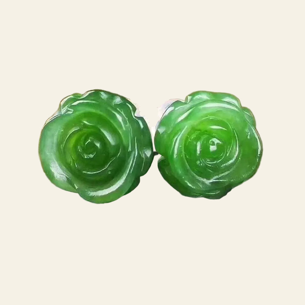 Natural Green Jade Rose Women Earrings 925 Sterling Silver Ear Studs Vintage Gemstone Jewelry Amulet Luxury Gift Ethnic Style