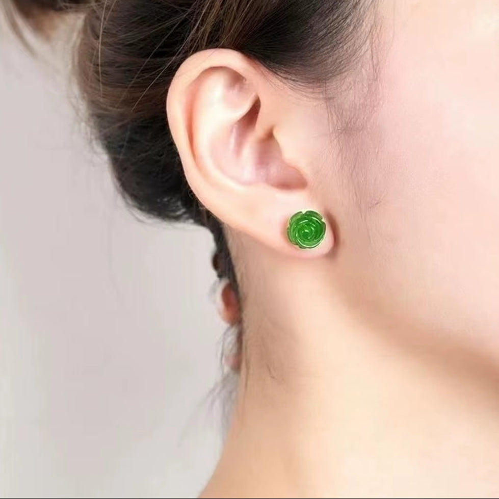 Natural Green Jade Rose Women Earrings 925 Sterling Silver Ear Studs Vintage Gemstone Jewelry Amulet Luxury Gift Ethnic Style