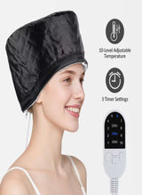 Woman wearing black portable electric thermal hat with 10-level adjustable temperature and 3 timer settings controller for hair treatment