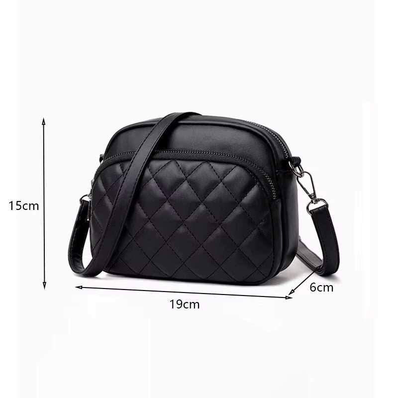 Diamond lattice black PU leather women's shoulder bag with crossbody strap, 19x15x6cm compact size