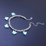 Silver butterfly charms anklet with blue butterfly pendants and rhinestones