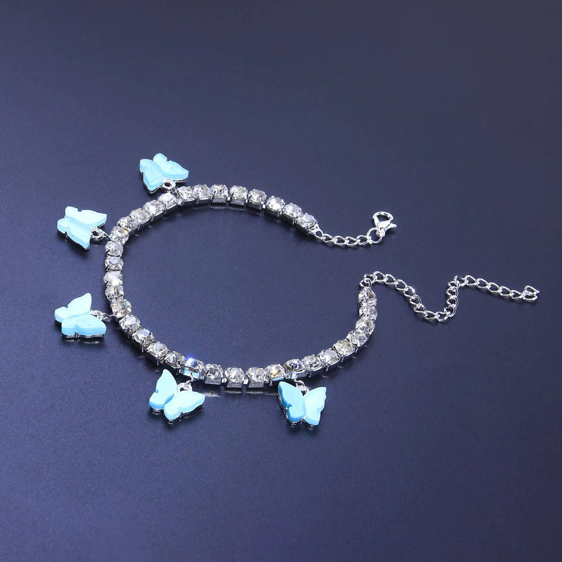 Silver butterfly charms anklet with blue butterfly pendants and rhinestones
