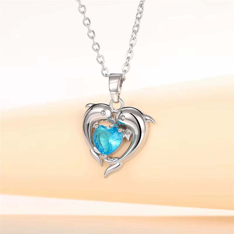925 Sterling Silver Dolphin Blue Heart CZ Necklace Women Bride Wedding Clavicle Chain Necklaces Fancy Gift Statement Jewelry