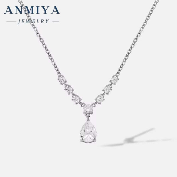 ANMIYA Custom 18K White Gold Zircon Necklace Latest Fancy Zircon Pear Cut Pendant Fancy Sterling Silver Jewelry