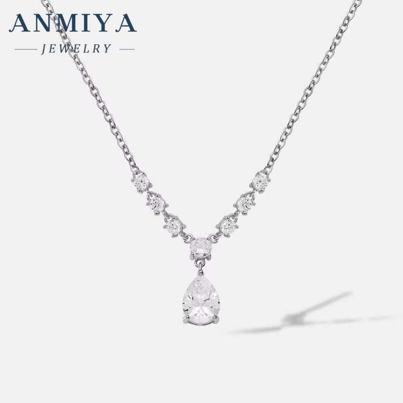 ANMIYA Custom 18K White Gold Zircon Necklace Latest Fancy Zircon Pear Cut Pendant Fancy Sterling Silver Jewelry
