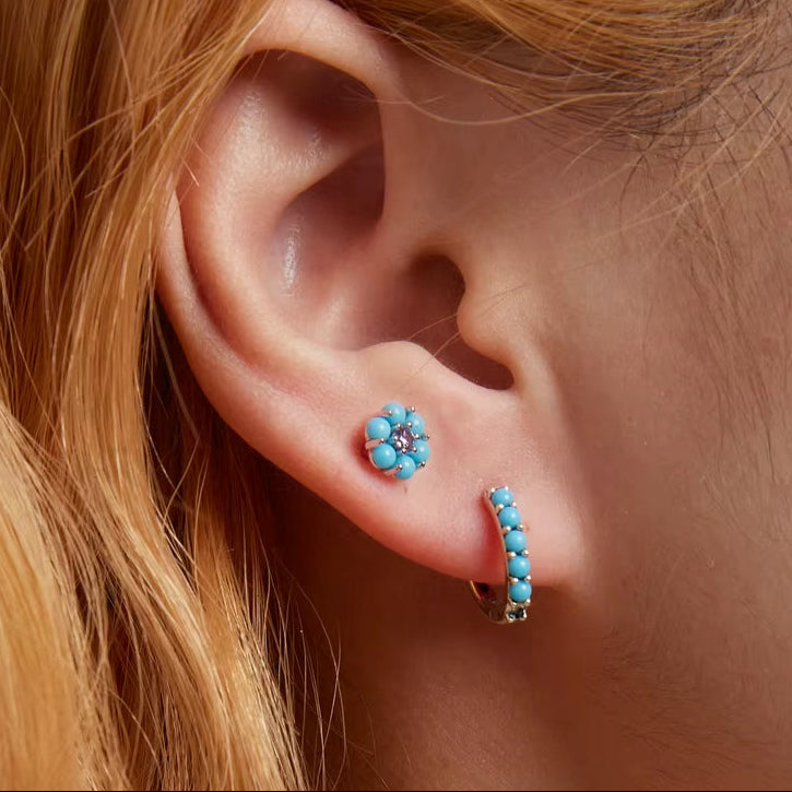 European Vintage Natural Turquoise Hoop Earrings Solid 925 Sterling Silver Luxury Trendy Earring for Women Wedding Jewelry