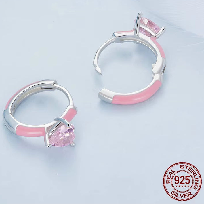 Real 925 Sterling Silver Pink Heart Zircon Hoop Earrings Lovely Cindy Color Oil Printed Ear Clips Earring Girl Party Gift