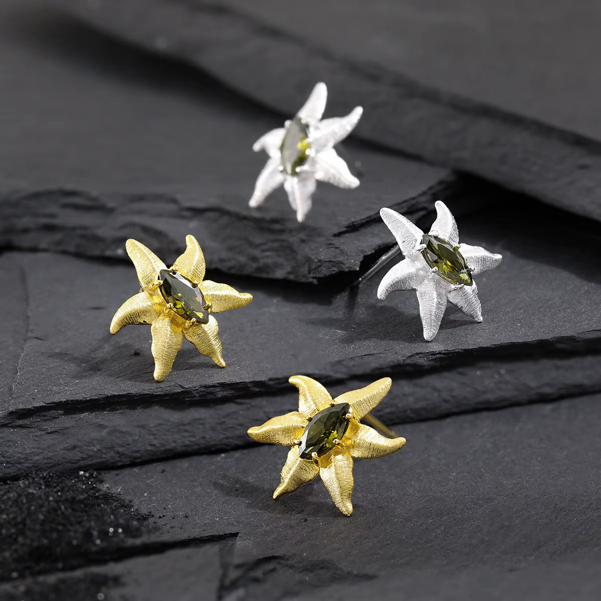 SHANICE S925 Sterling Silver Olivine Inlaid Starfish Earrings for Women, Cool and Elegant Silver Ear Jewelry
