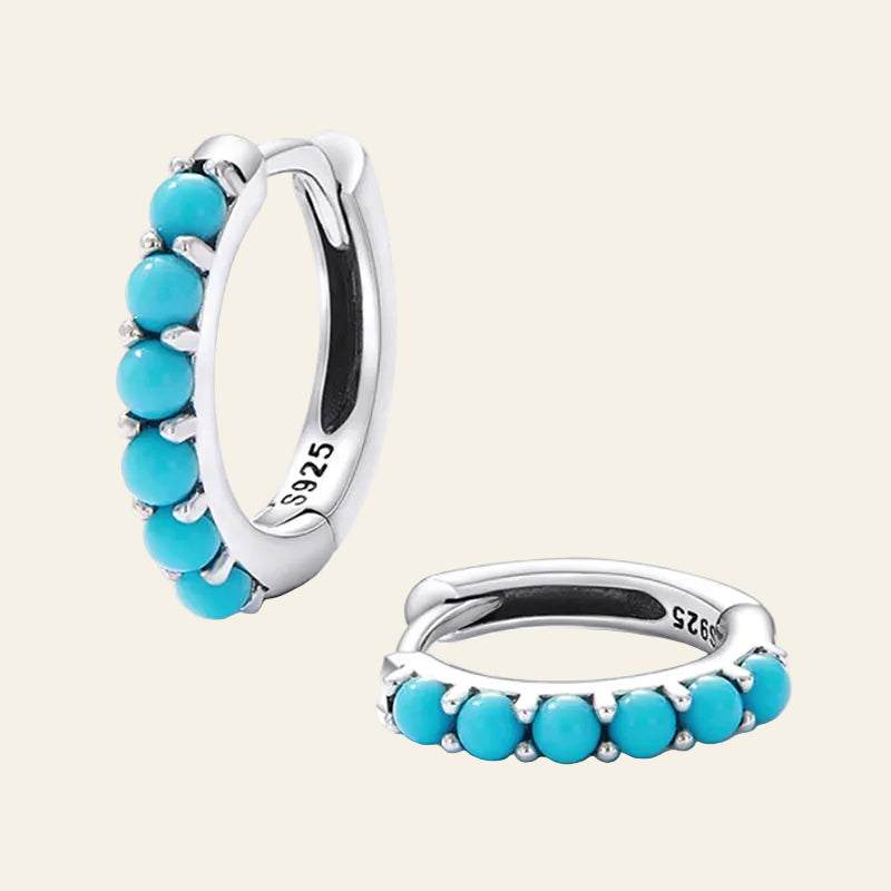 European Vintage Natural Turquoise Hoop Earrings Solid 925 Sterling Silver Luxury Trendy Earring for Women Wedding Jewelry