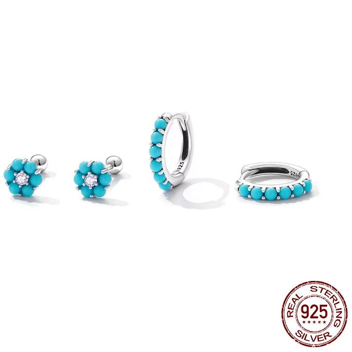 European Vintage Natural Turquoise Hoop Earrings Solid 925 Sterling Silver Luxury Trendy Earring for Women Wedding Jewelry