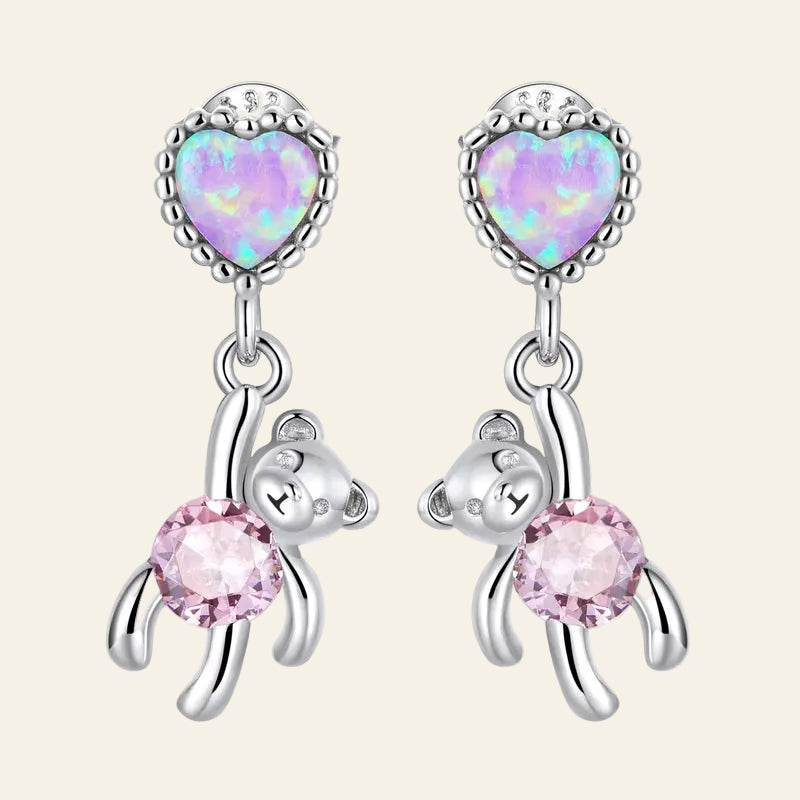 925 Sterling Silver Love Bear Stud Earrings for Women Cute Pink Pendant Drop Earrings for Girl Shining Heart Fine Jewelry