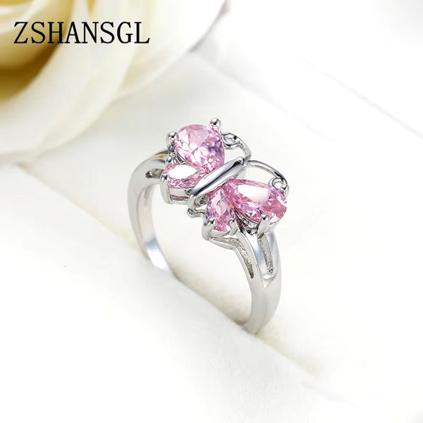 Silver butterfly ring with pink gemstones in 925 sterling silver